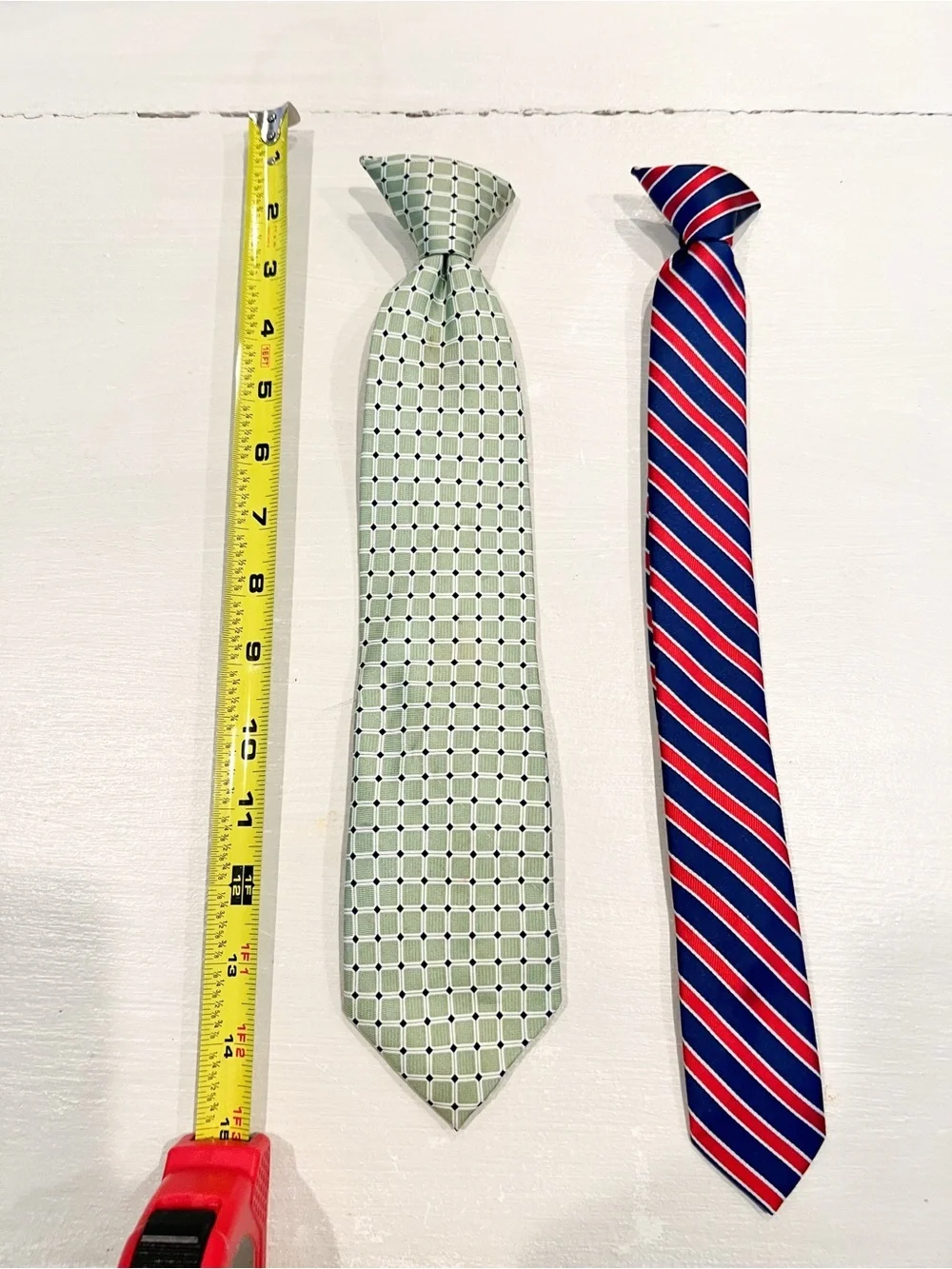 Bundle of 2 boys clip on Classic ties green geometric and navy/red stripe